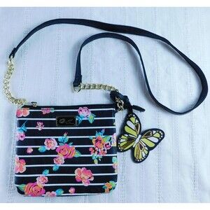 Betsey Johnson Butterfly Crossbody Purse Bag Black Floral Roses Stripe Chain EUC